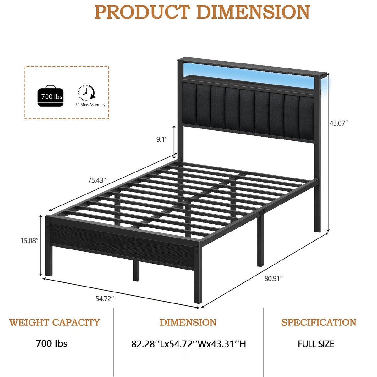 Full Size Bed Frame with Charging Station and LED Lights C40233