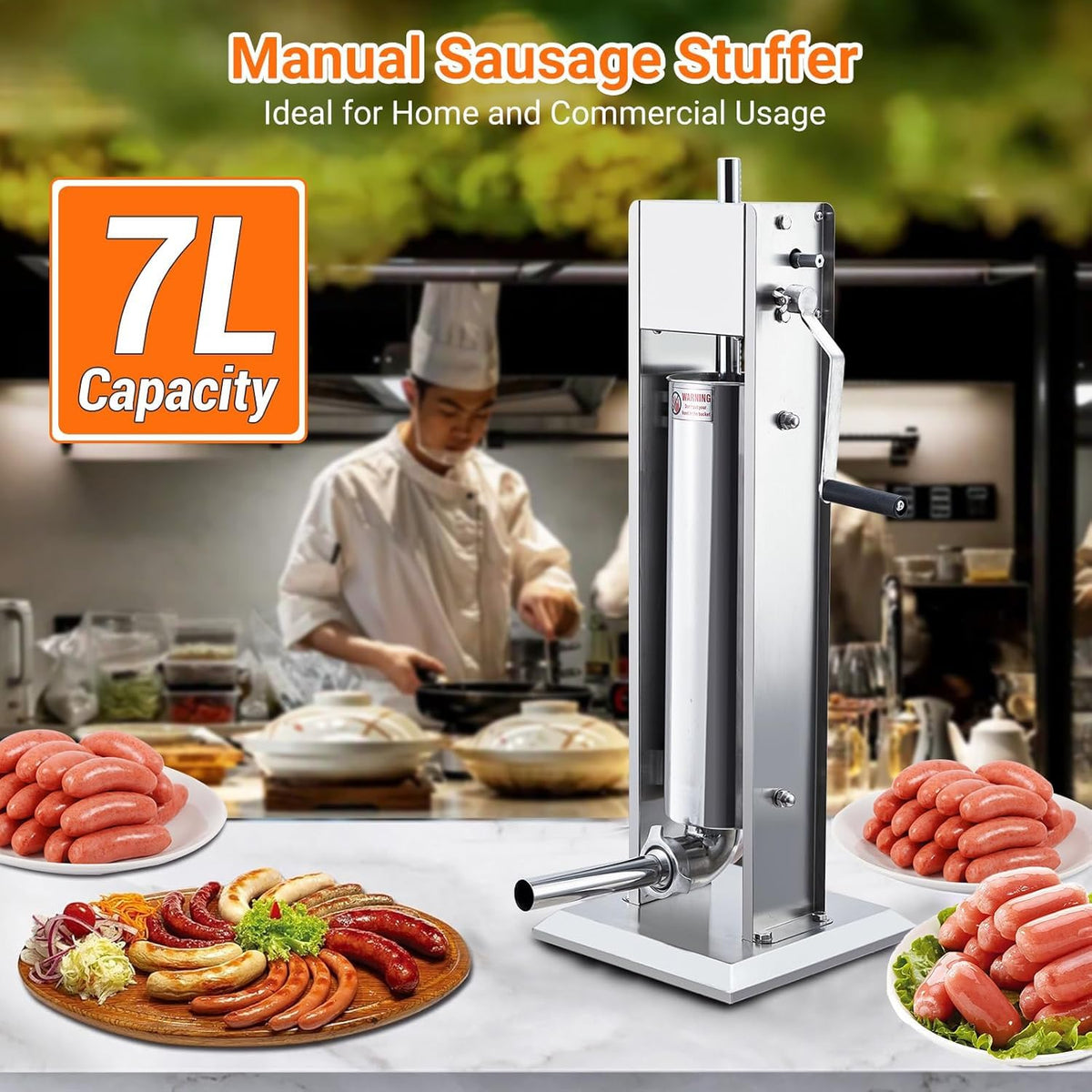 7L Stainless Steel Vertical Sausage Stuffer with 5 Stuffing Tubes U8835