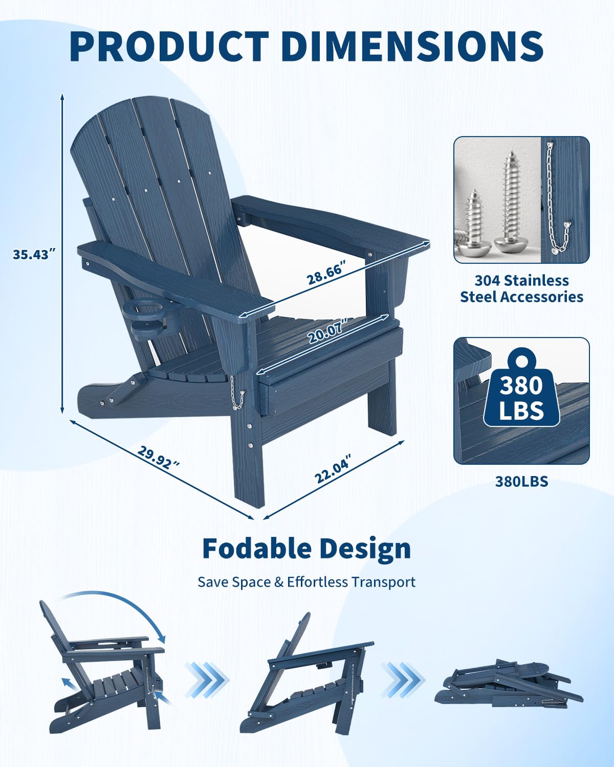 Navy Blue HDPE Folding Adirondack Chair Set of 6 with Cup Holder O2961