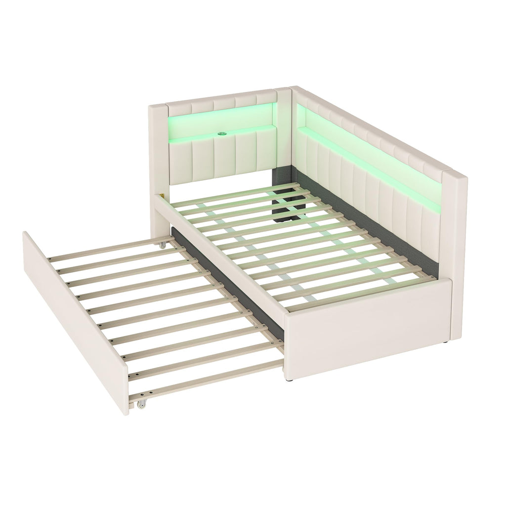 White Linen Upholstered Twin Size Daybed with Trundle and Bookcase Headboard J385657