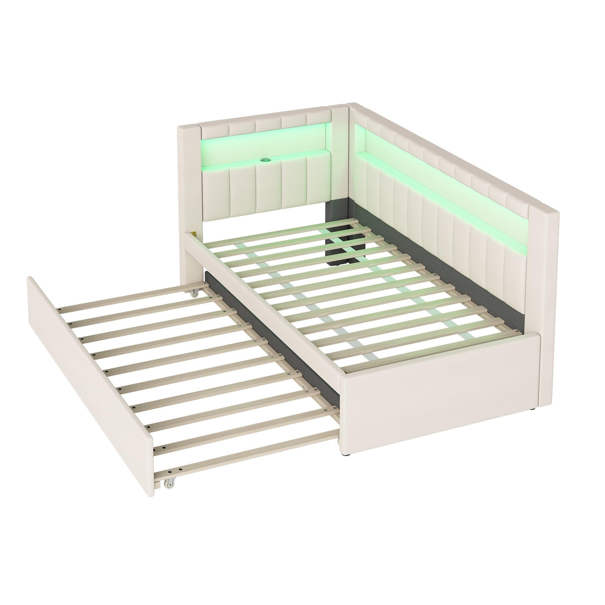 White Linen Upholstered Twin Size Daybed with Trundle and Bookcase Headboard J385657