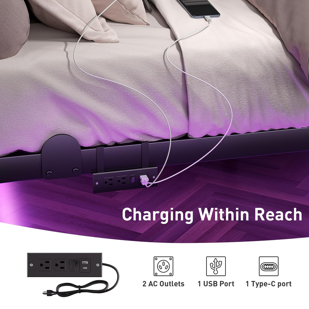 Queen Floating Bed Frame with LED Lights and Charging Station I283995