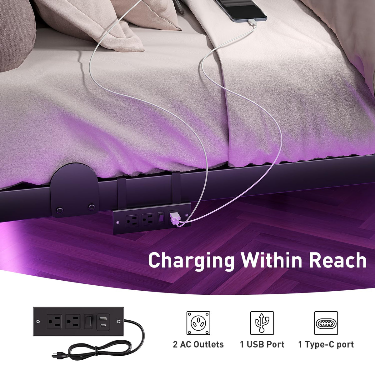 Queen Floating Bed Frame with LED Lights and Charging Station I283995
