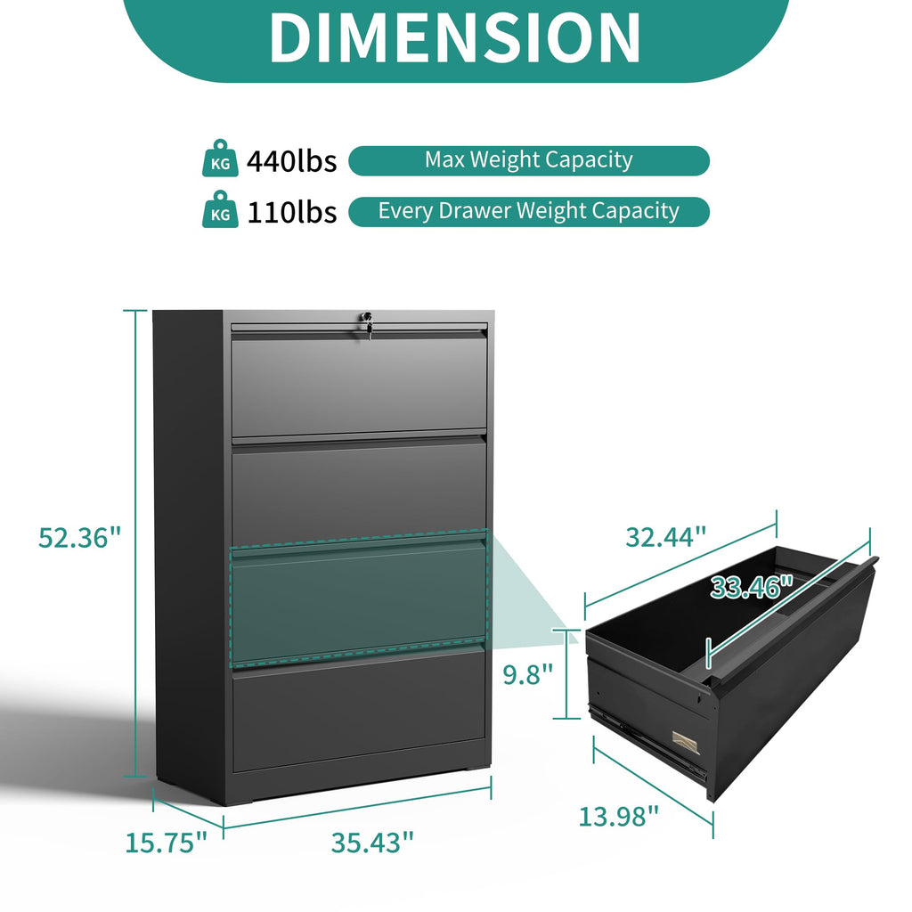 4 Drawer Black Metal File Cabinet with Lock H325