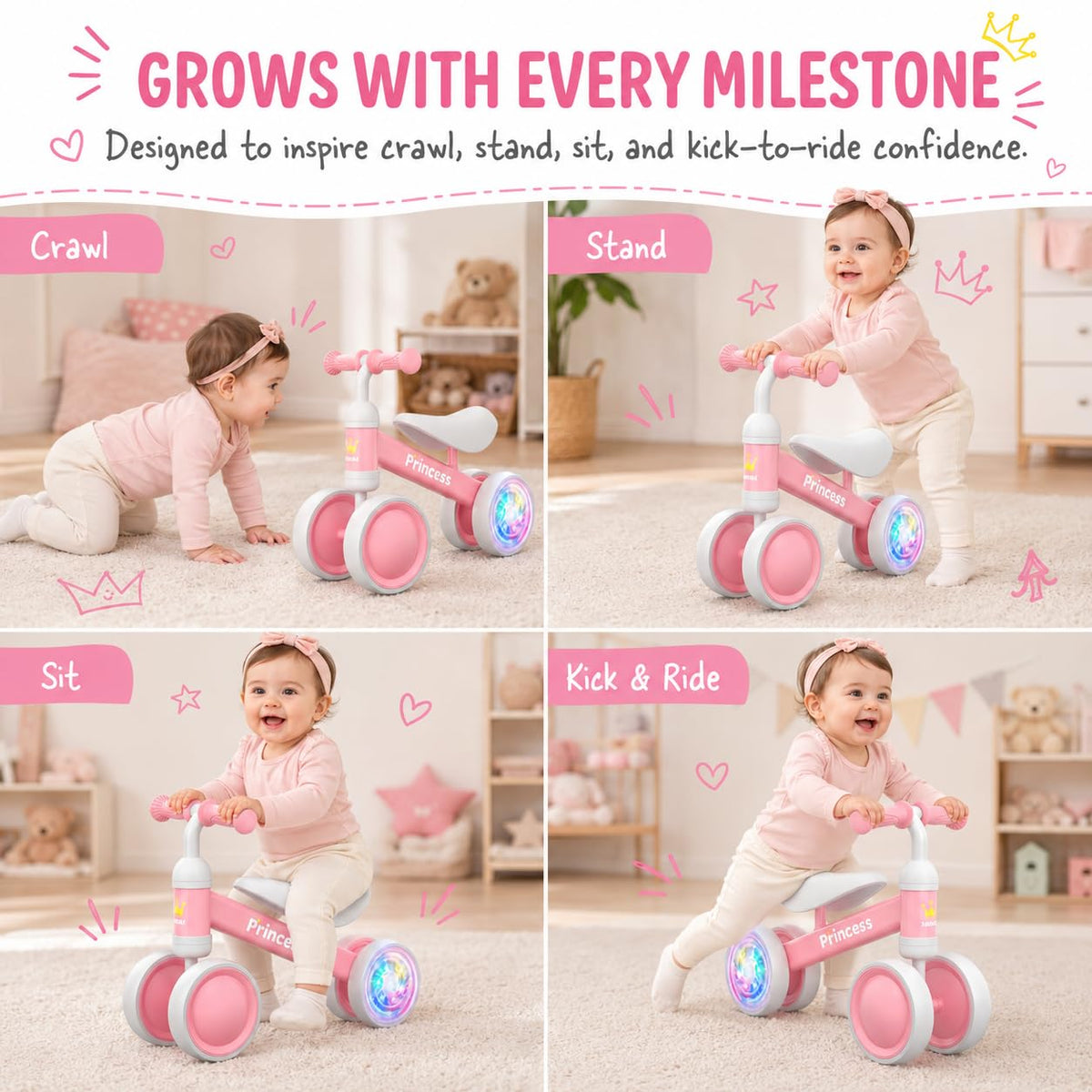 Pink Balance Bike with LED Light Up Wheels M567