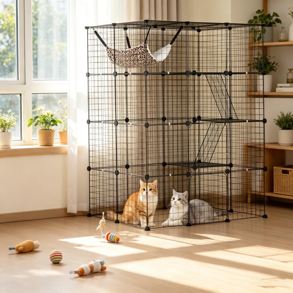 4-Tier Metal Wire Cat Cage with Hammock, Platforms & Ramps, Black S7659
