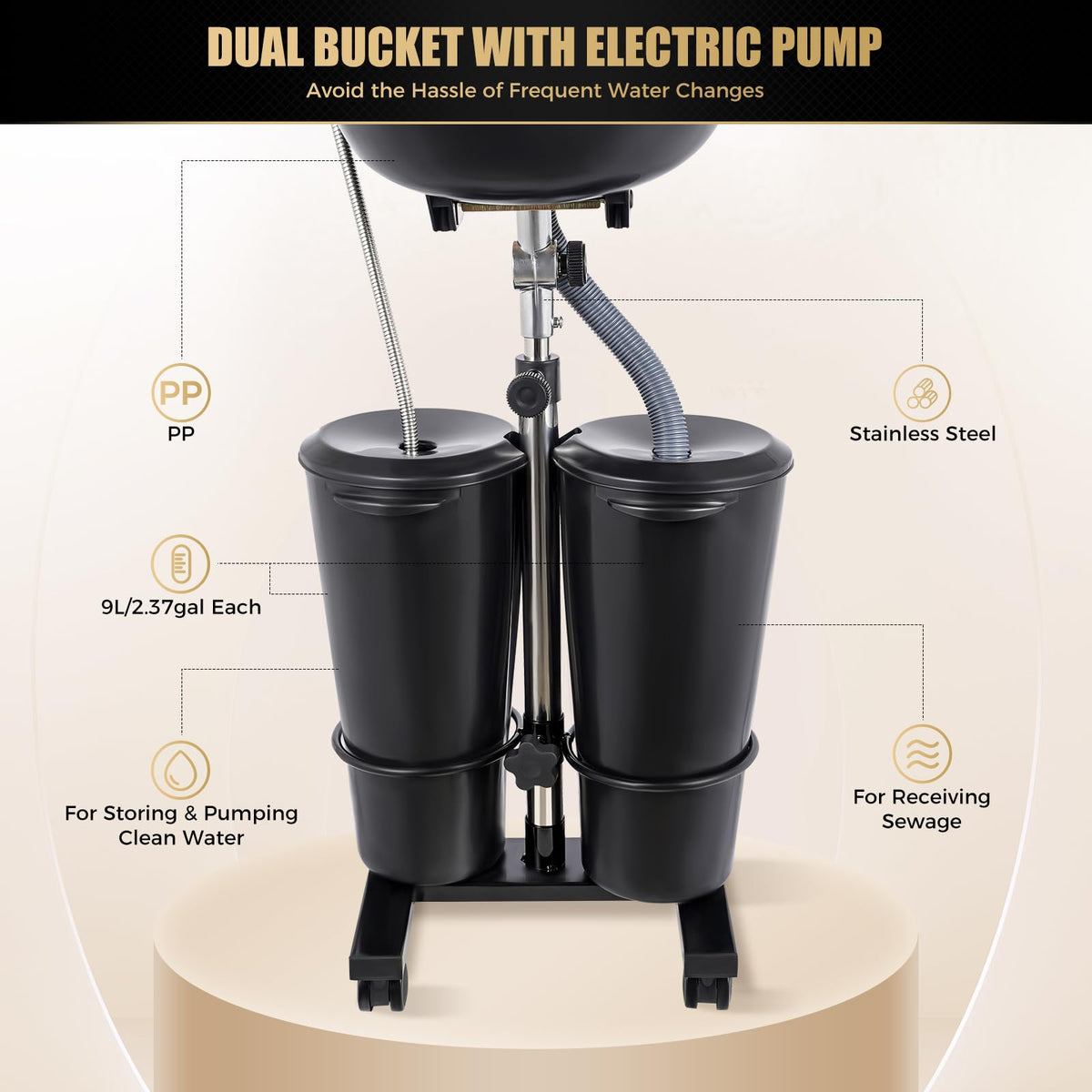 Portable Shampoo Bowl with 2 Buckets, Electric Pump, Drain Hose, 4 Wheels I49180