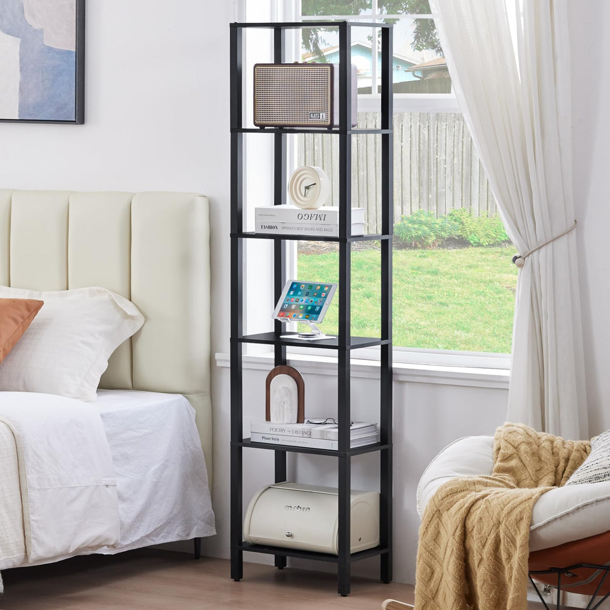 6 Tier Tall Skinny Black Bookshelf H165845