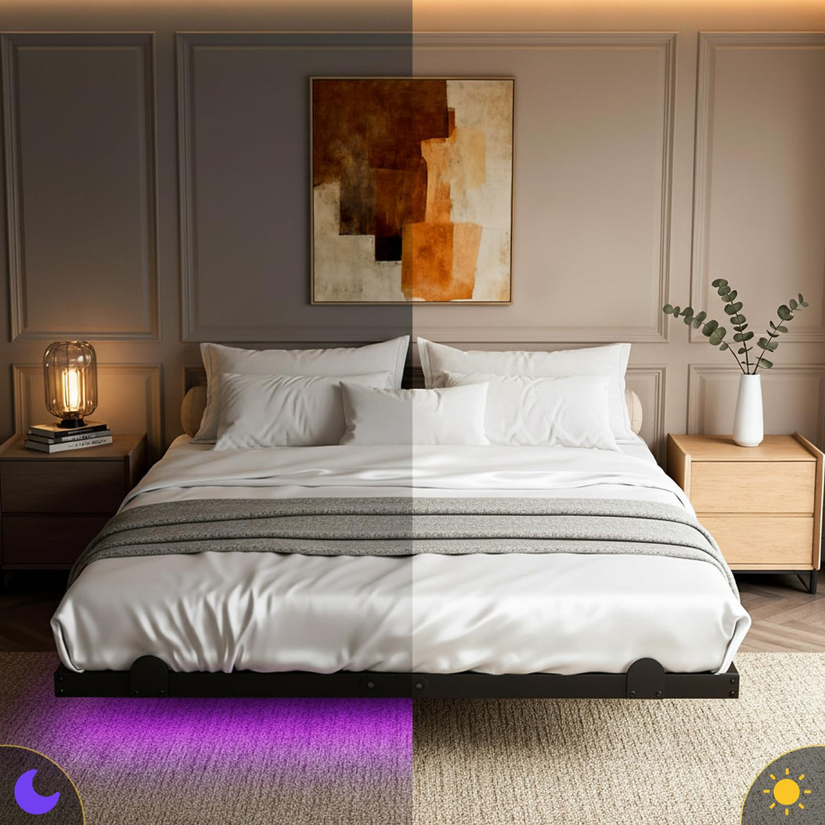 Queen Floating Bed Frame with LED Lights and Charging Station I283995