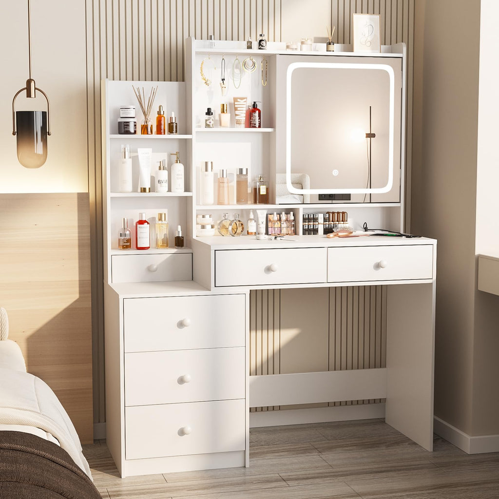 White Vanity Desk with Lighted Mirror and 6 Drawers B689698