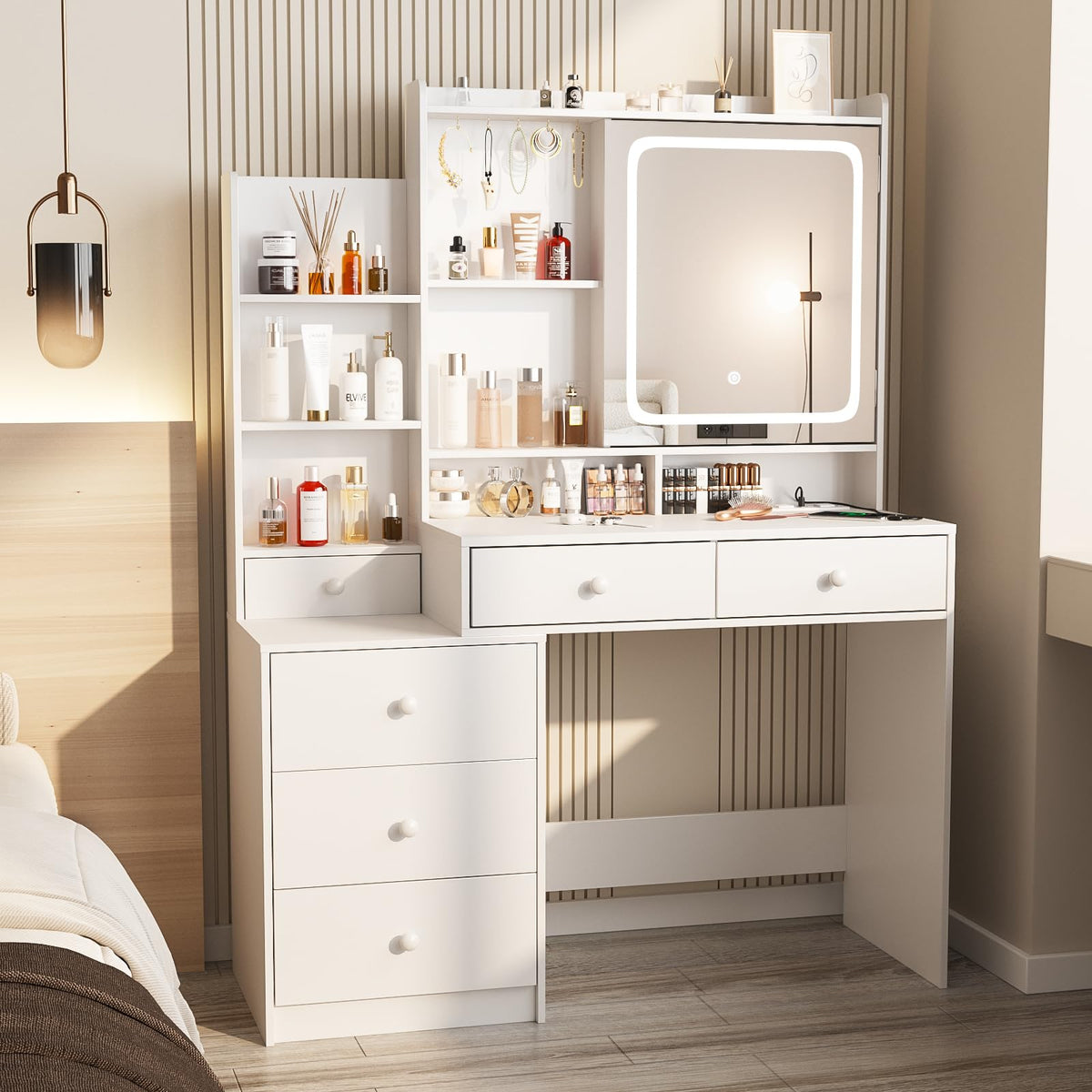 White Vanity Desk with Lighted Mirror and 6 Drawers B689698