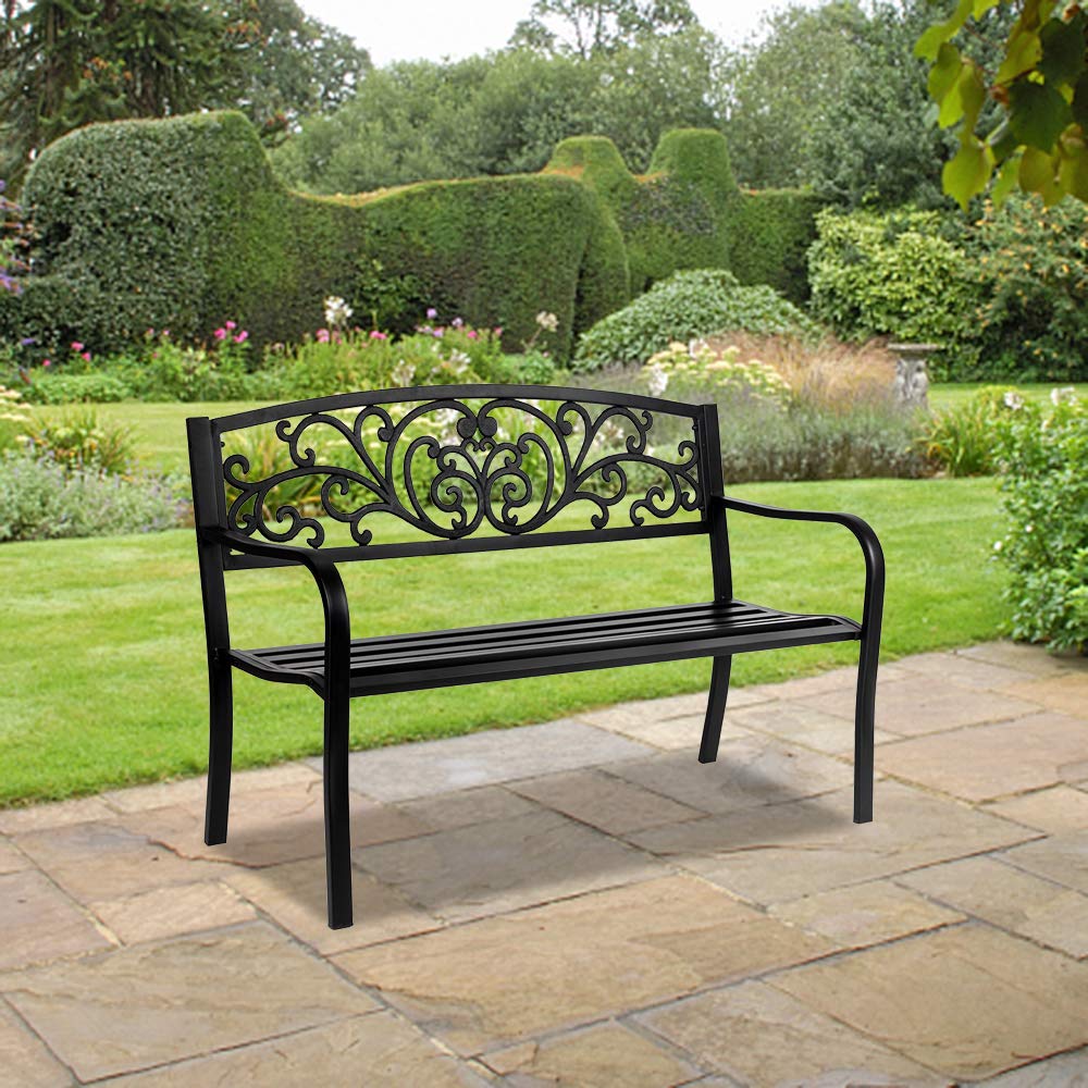 50in Black Metal Outdoor Bench with Armrests F665