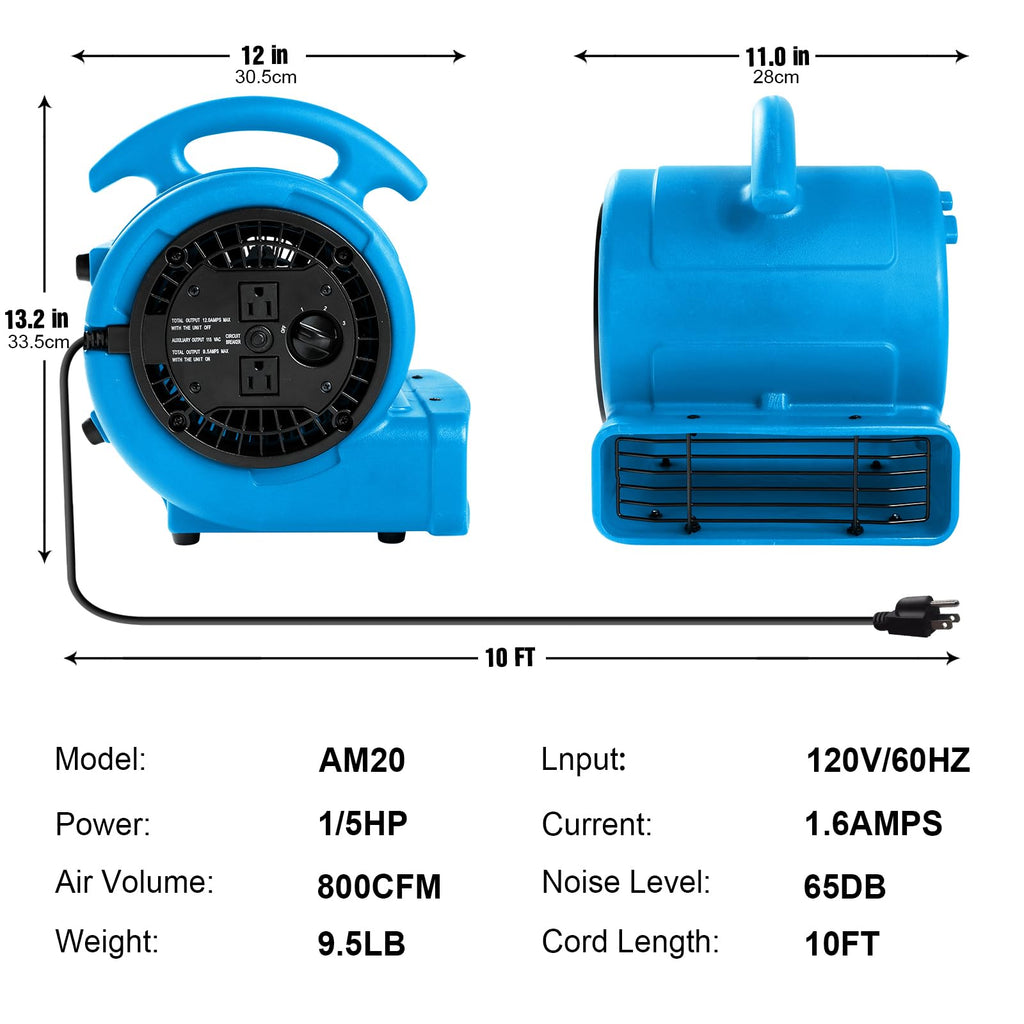1/5hp 800cfm 3-Speed Air Mover Blower Fan with Dual Outlet Y8056