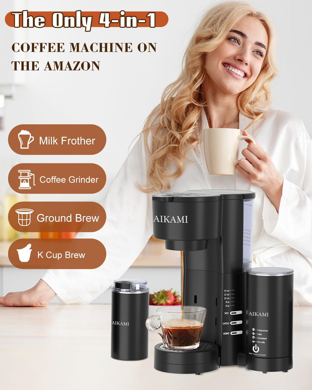 4 IN 1 Single Serve Coffee Maker with Milk Frother and Coffee Grinder C814