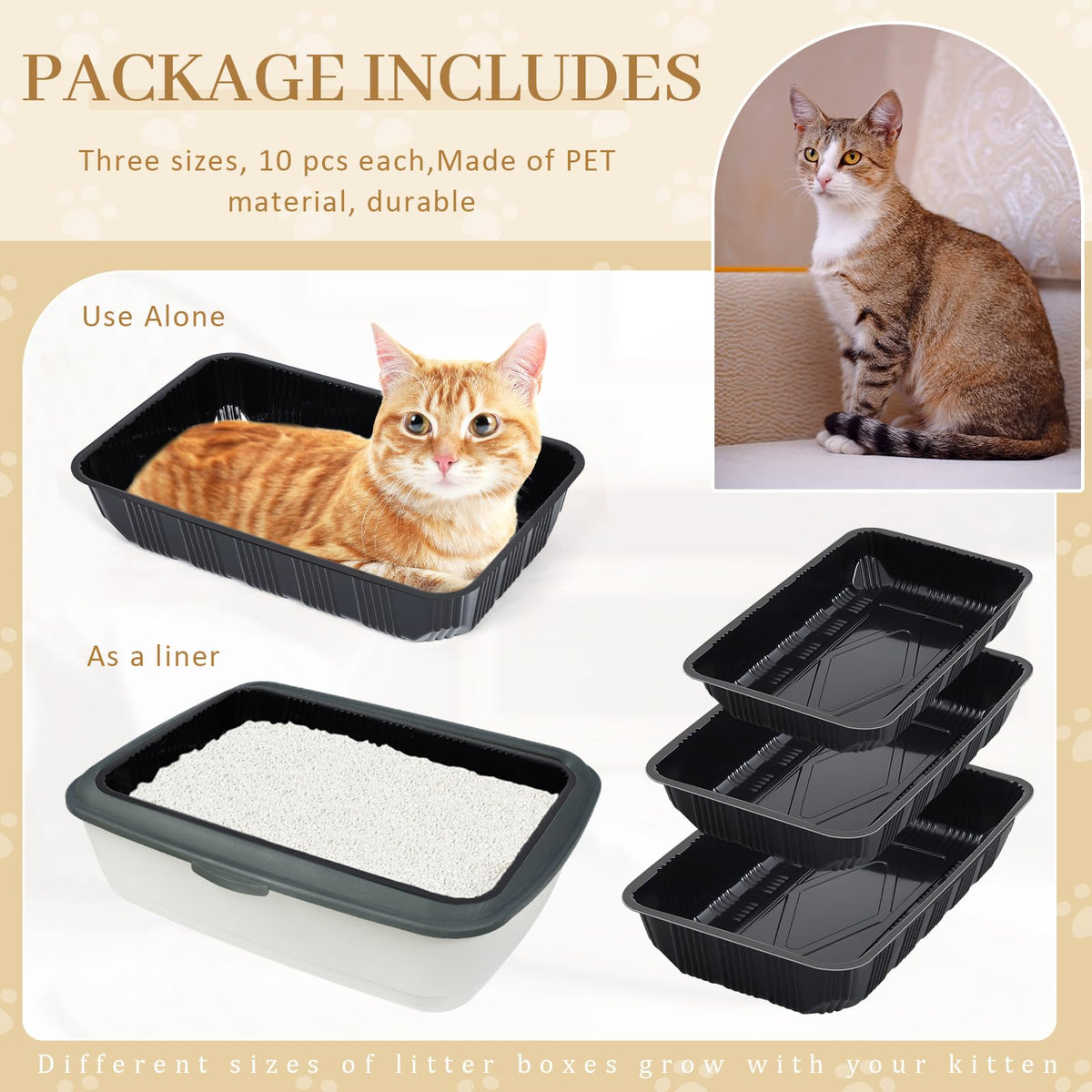 30 Pcs Disposable Plastic Cat Litter Trays 3 Sizes Black Z4513