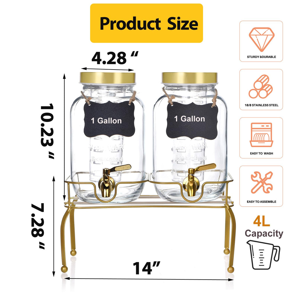 1 Gallon Glass Drink Dispenser Set of 2 with Stand C8796