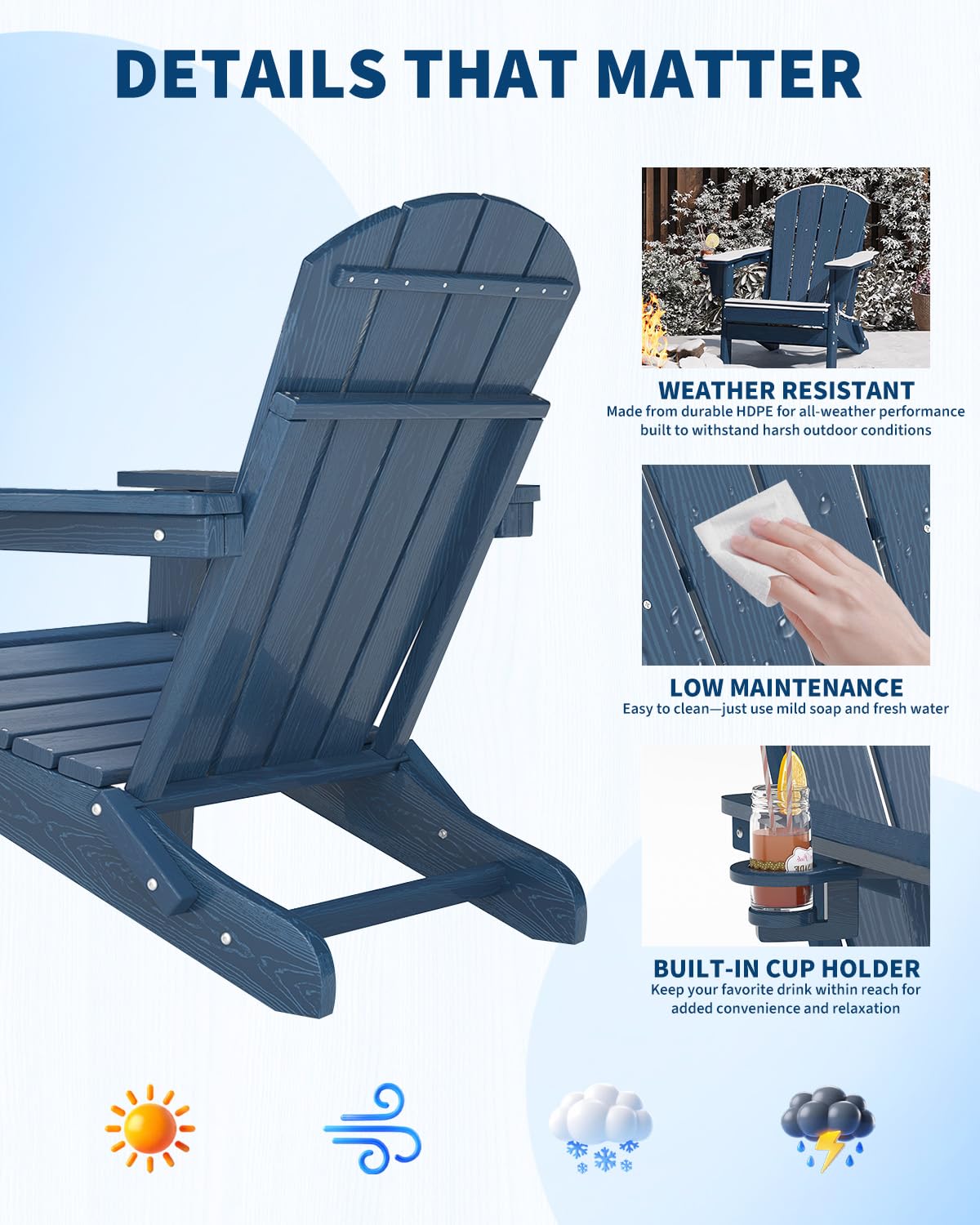 Navy Blue HDPE Folding Adirondack Chair Set of 6 with Cup Holder O2961