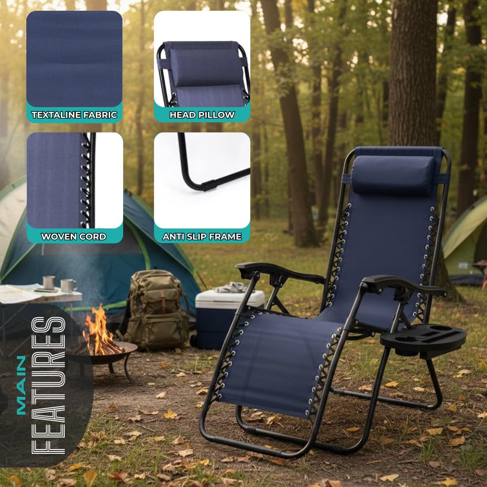 NavyBlue Adjustable Folding Zero Gravity Lounge Chair with Pillow and Cup Holder X118583