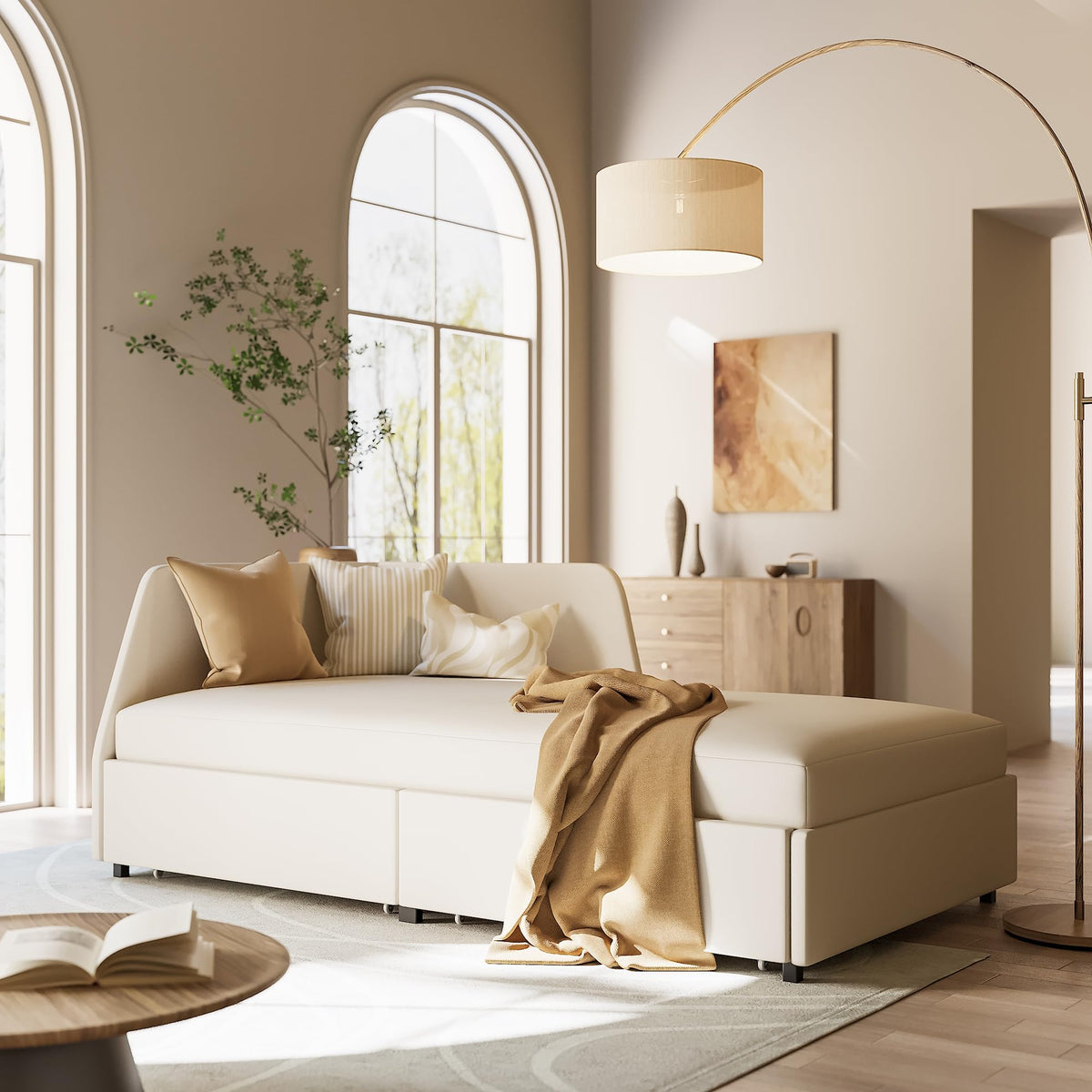 Twin Corner Daybed with 2 Drawers and Headboard, Beige H556193