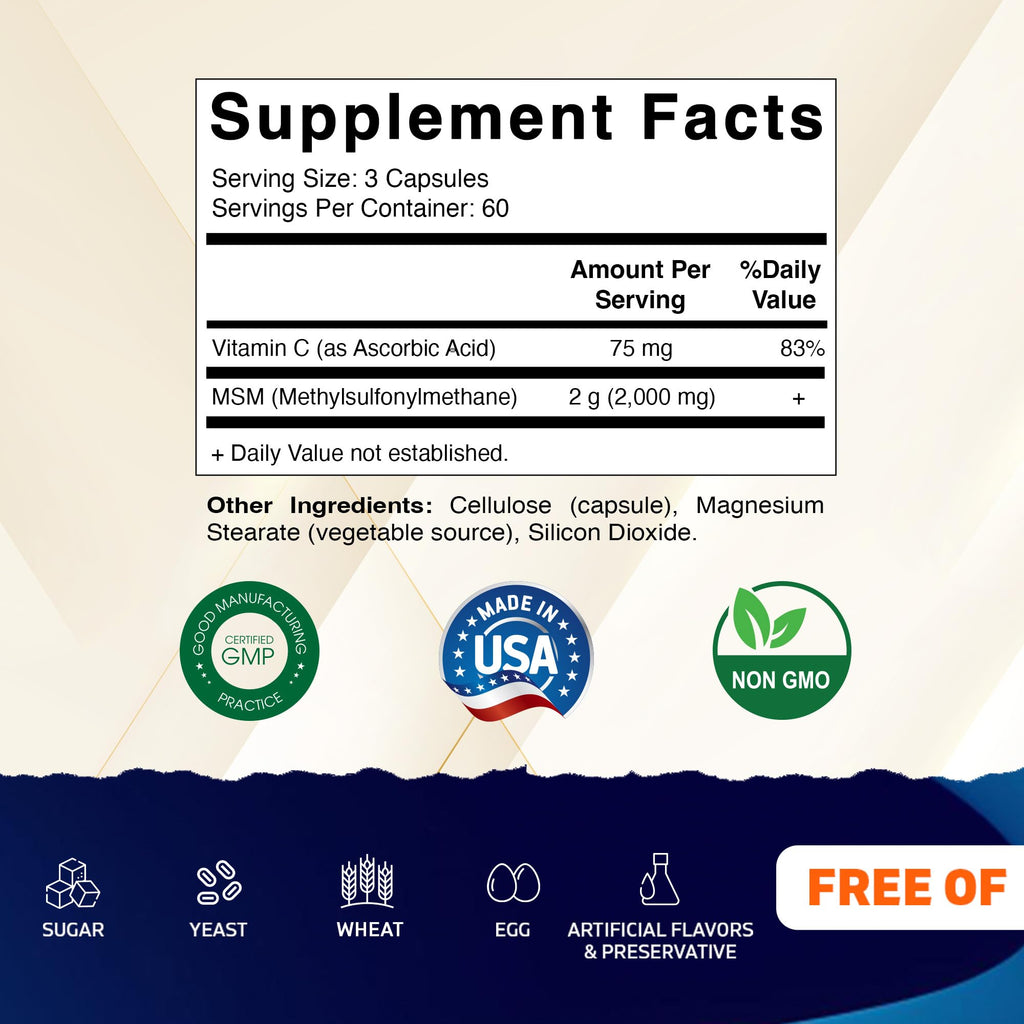 MSM 2000 mg with Vitamin C 180 Veg Capsules Non-GMO Gluten Free G3875
