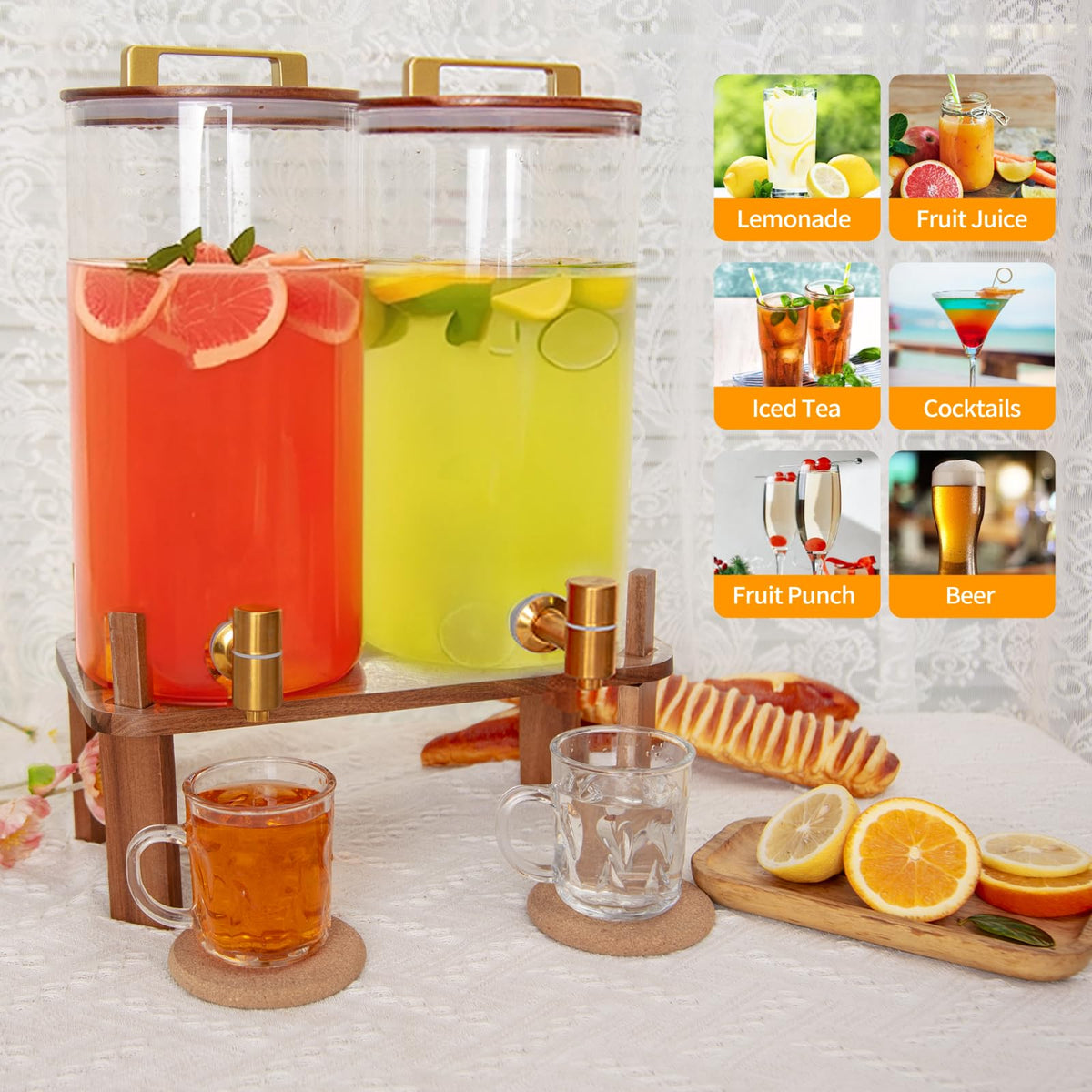 2 Pack 1.5 Gallon Glass Beverage Dispenser with Wooden Lid X698