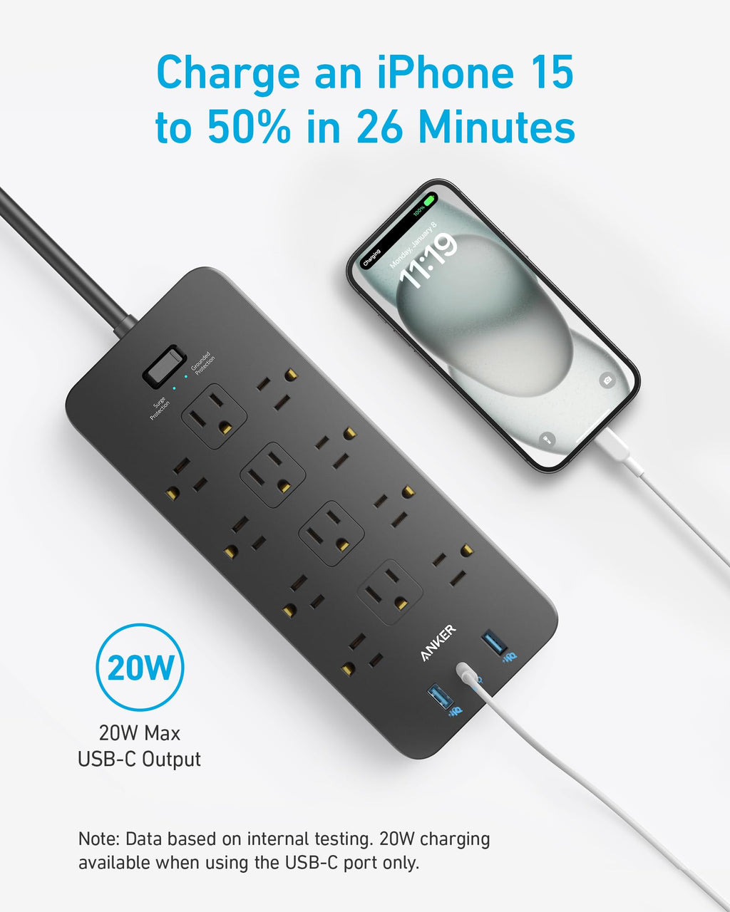 Power Strip with Surge Protector, Outlet Extender, 20W, 12 AC C7093