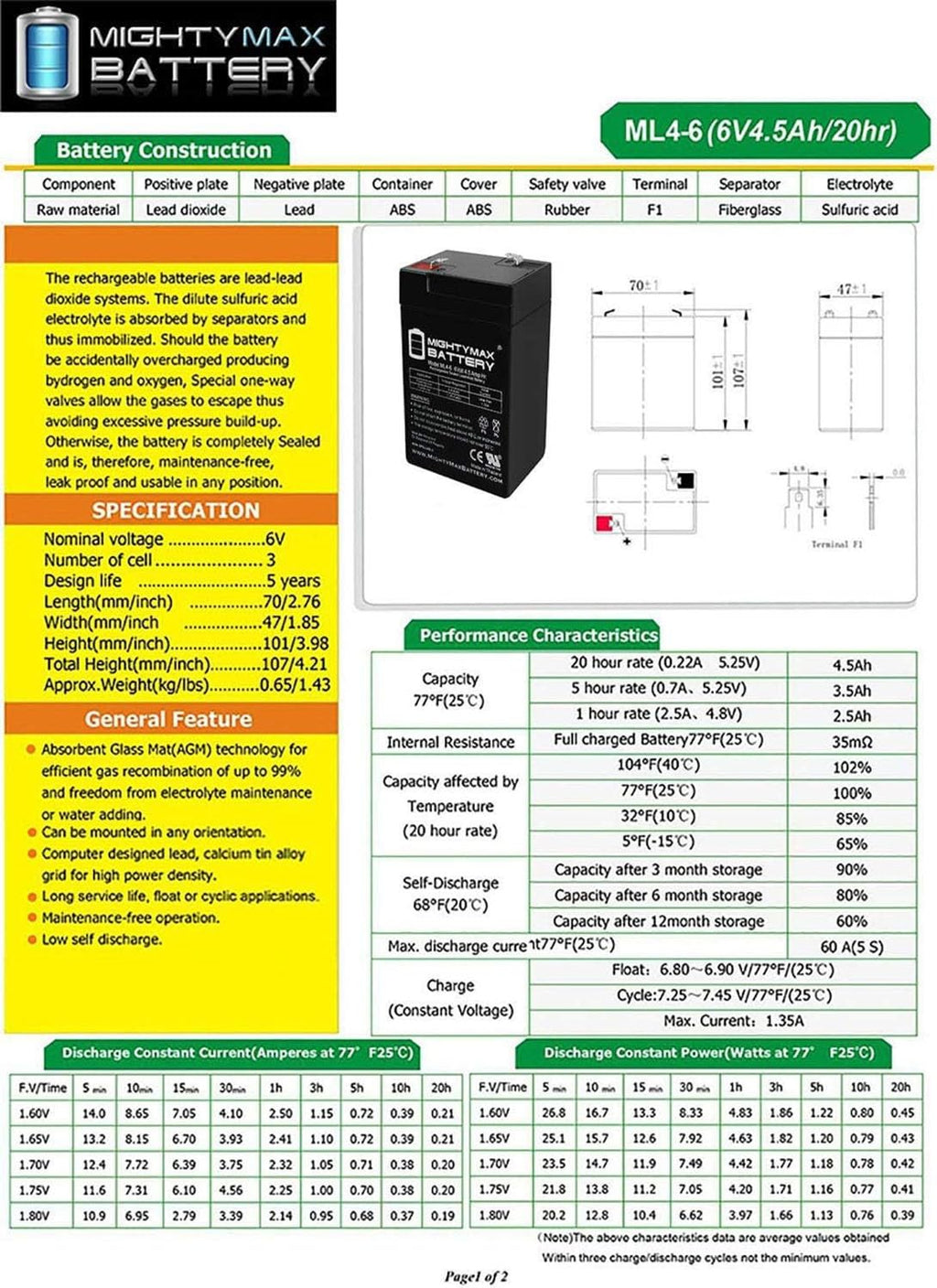 6V 4.5AH SLA Battery V2914