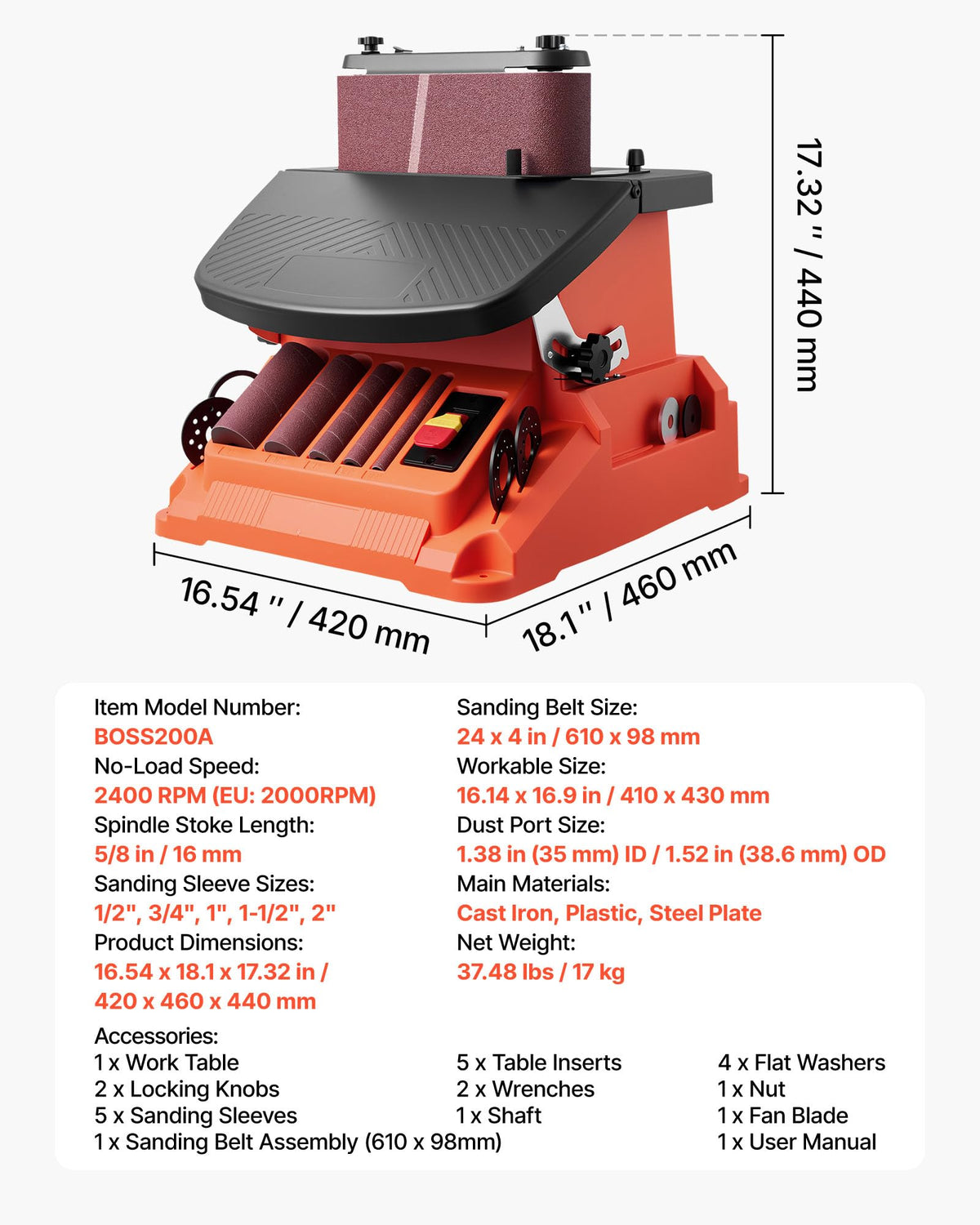 Oscillating Belt and Spindle Sander, 2400RPM Benchtop with 5 Sleeves & Sanding Belt F16959