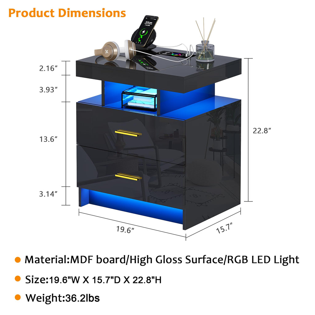 Black LED Nightstand with USB Type-C Charging F734
