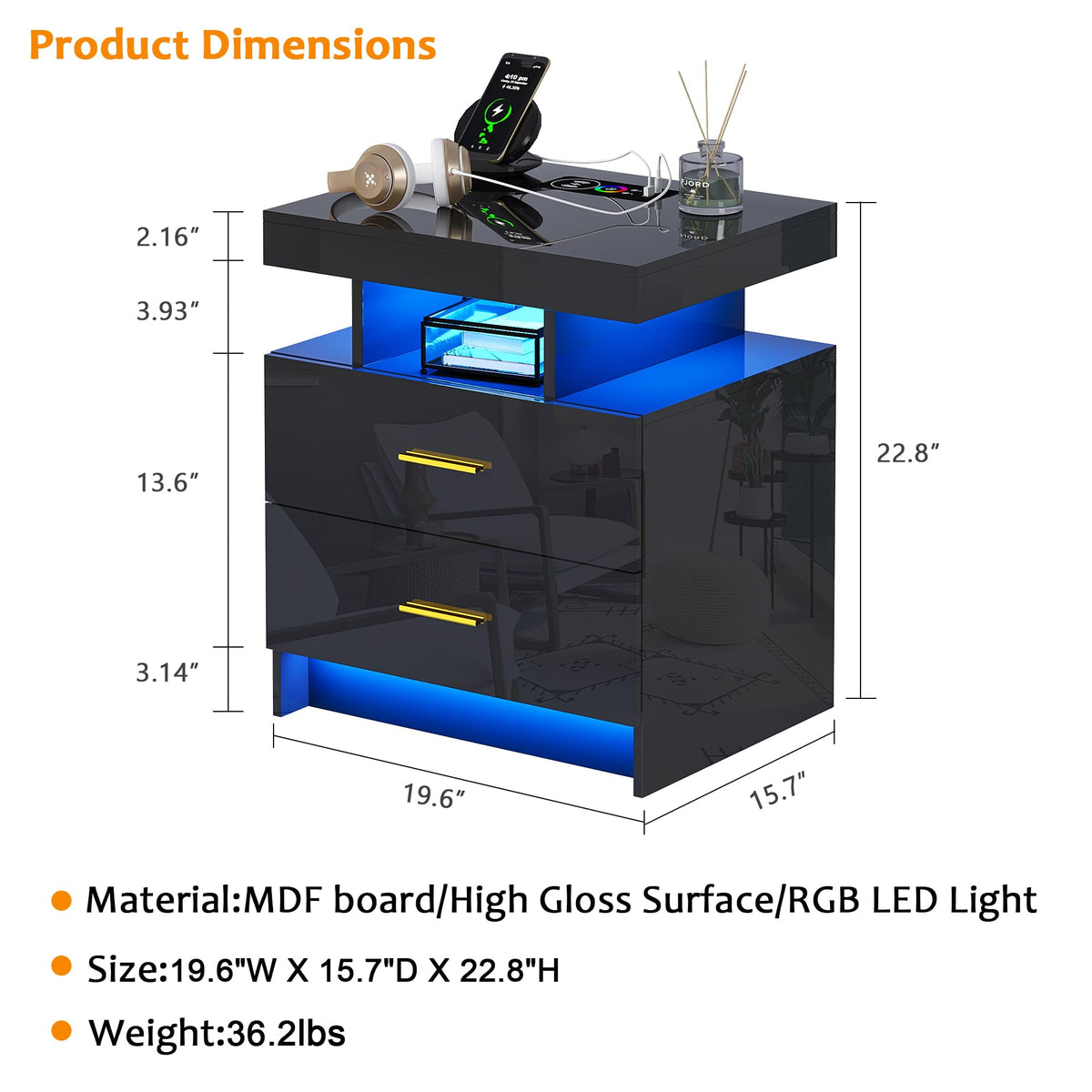 Black LED Nightstand with USB Type-C Charging F734