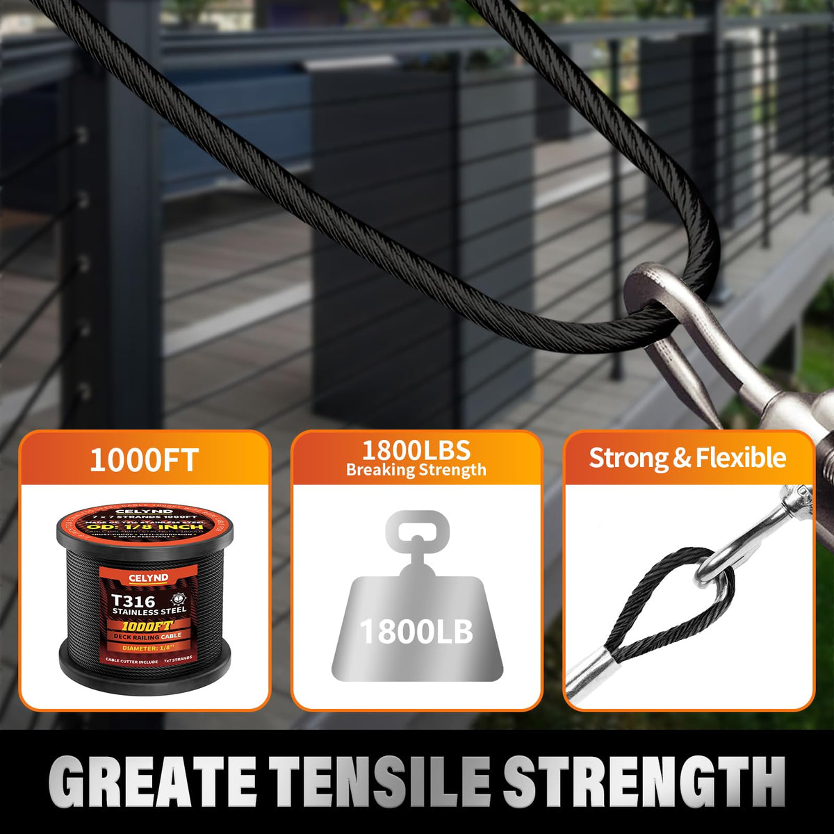 Black 1000FT 1/8" T316 Stainless Steel Cable N275