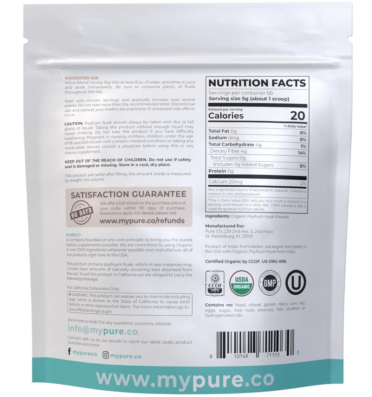 Organic Psyllium Husk Powder 66 Servings U5618