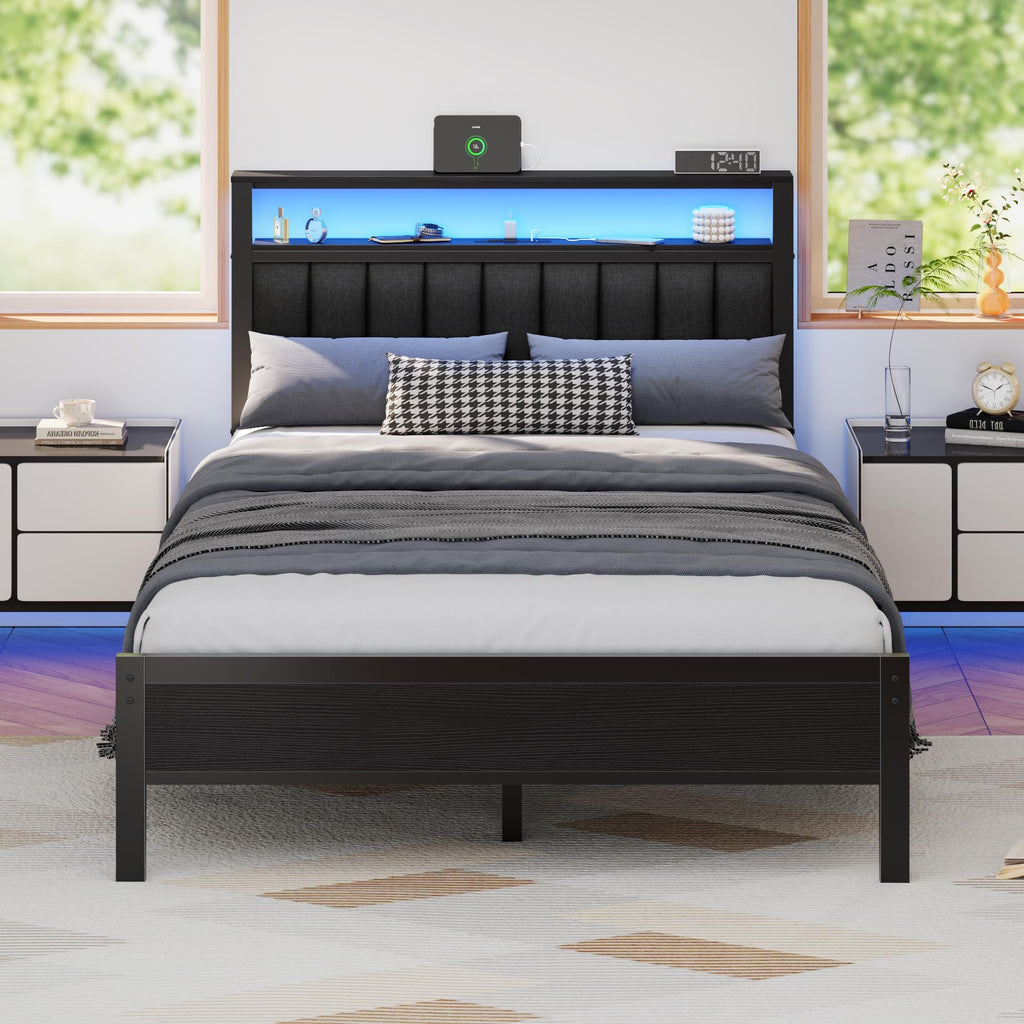 Full Size Bed Frame with Charging Station and LED Lights C40233