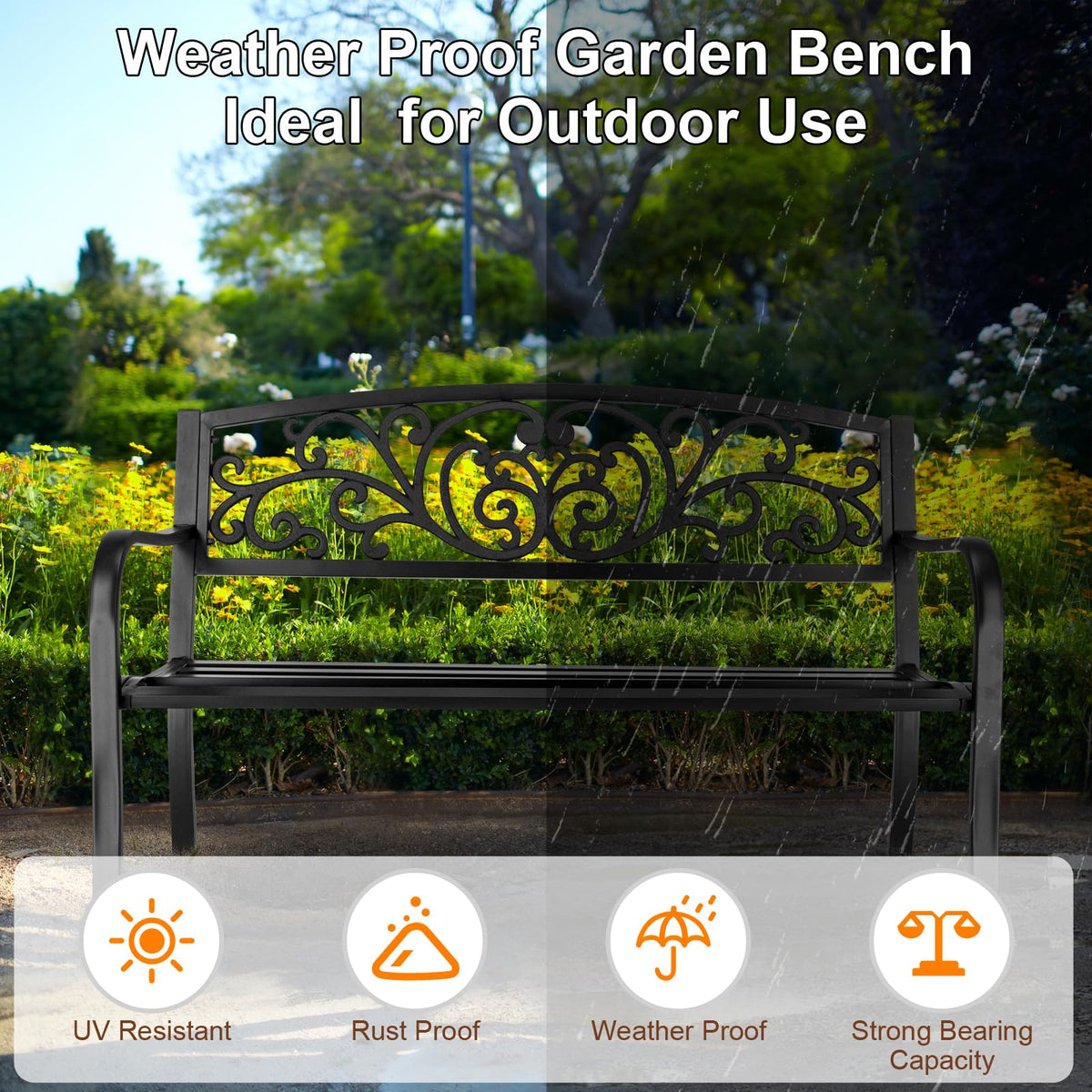 50in Black Metal Outdoor Bench with Armrests F665