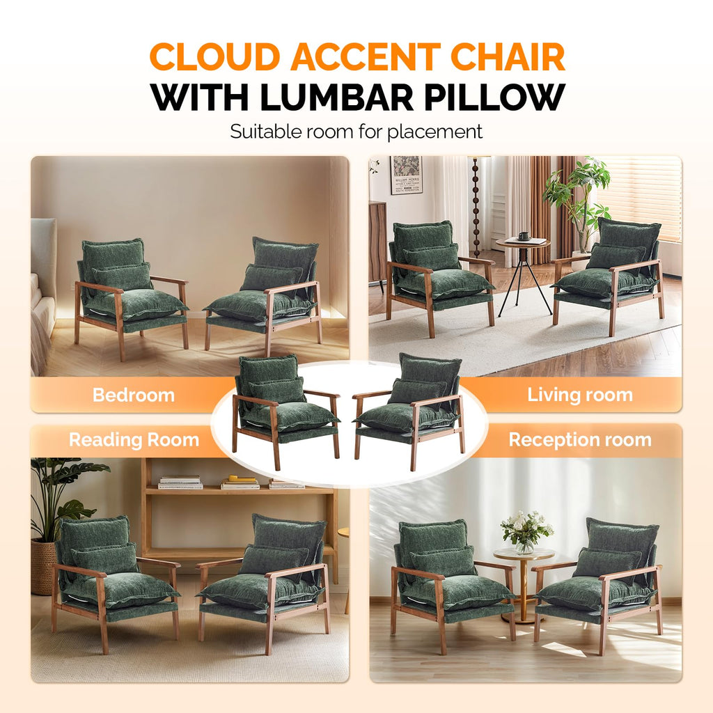 Dark Green Chenille Accent Armchairs Set of 2 with Lumbar Pillow R62245