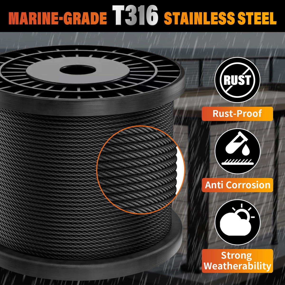 Black 1000FT 1/8" T316 Stainless Steel Cable N275