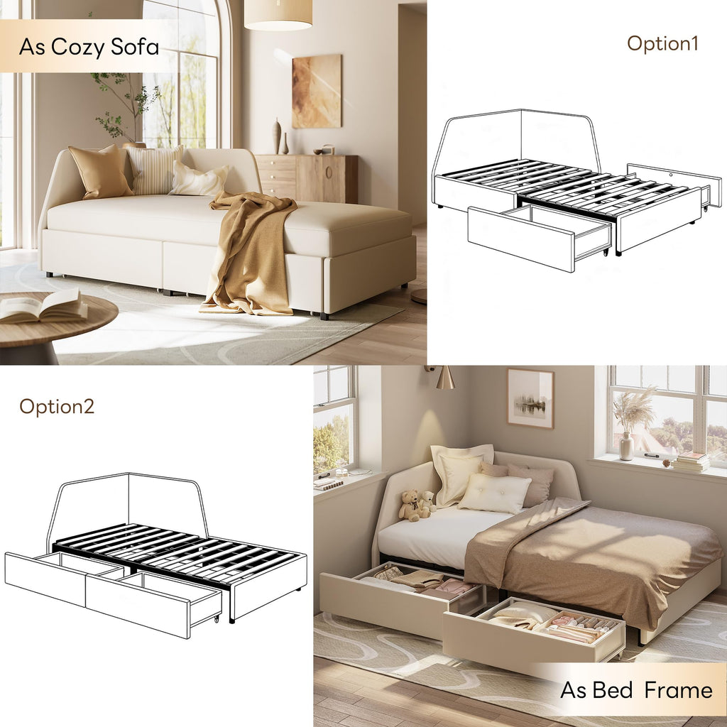 Twin Corner Daybed with 2 Drawers and Headboard, Beige H556193