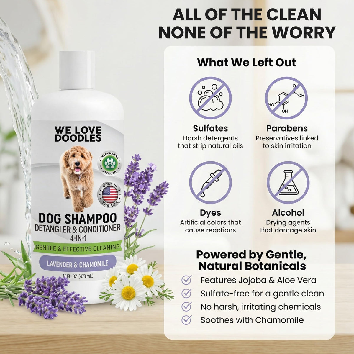 Hypoallergenic Tearless Dog Shampoo, Conditioner & Detangler 16OZ R86282