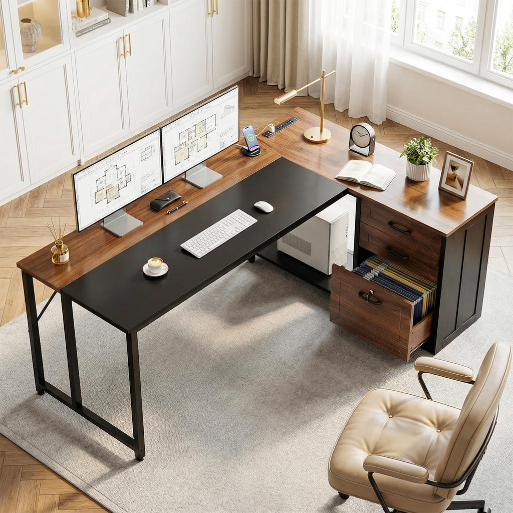 61" L Shaped Office Desk with Wood Drawers E11605