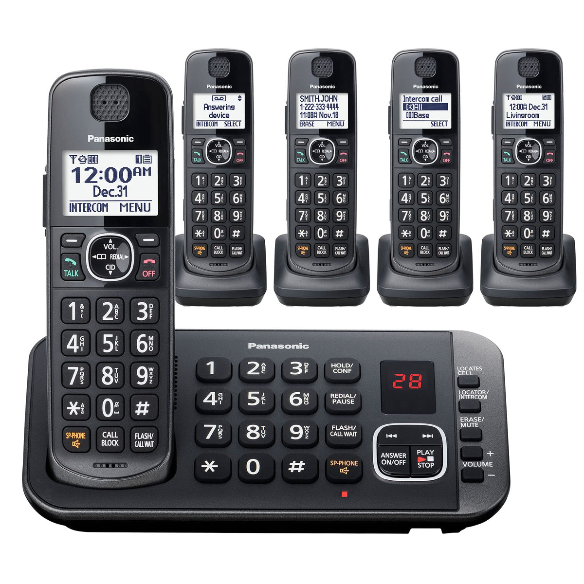 Metallic Black 5 Handset Cordless Phone System with Answering Machine O954