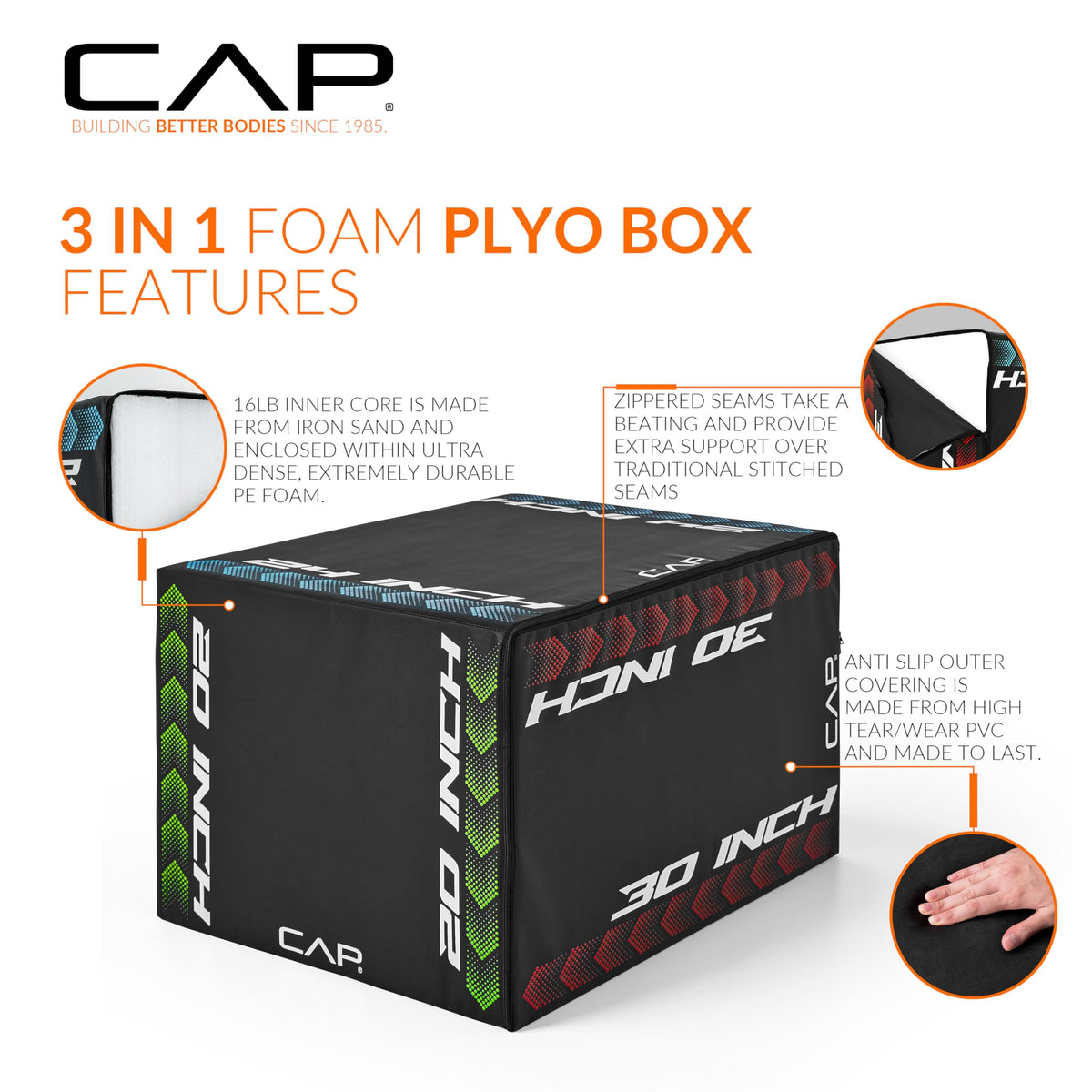 3-in-1 Foam Plyometric Jump Box, 20/24/28-Inch Heights, Black L95159