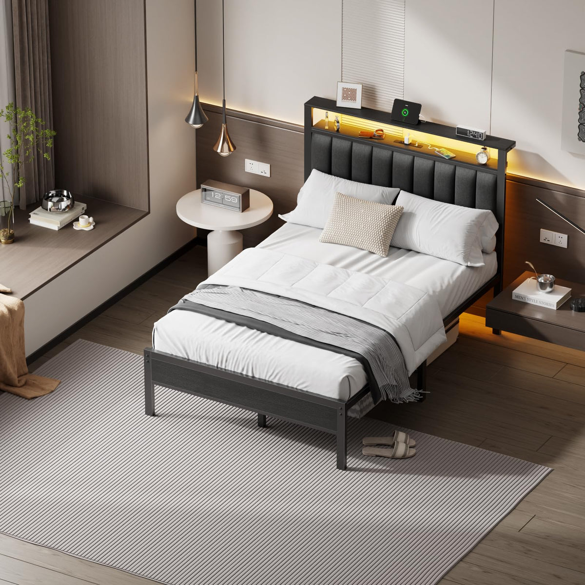 Full Size Bed Frame with Charging Station and LED Lights C40233