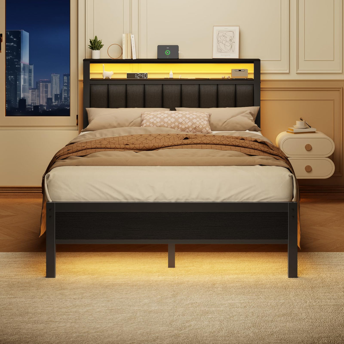 Full Size Bed Frame with Charging Station and LED Lights C40233