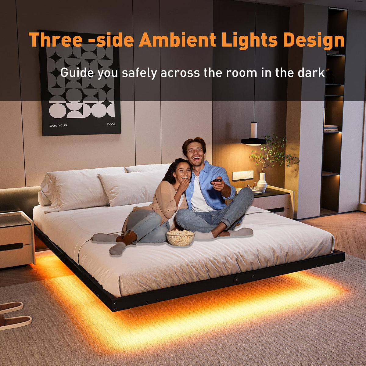 Queen Floating Bed Frame with LED Lights and Charging Station I283995