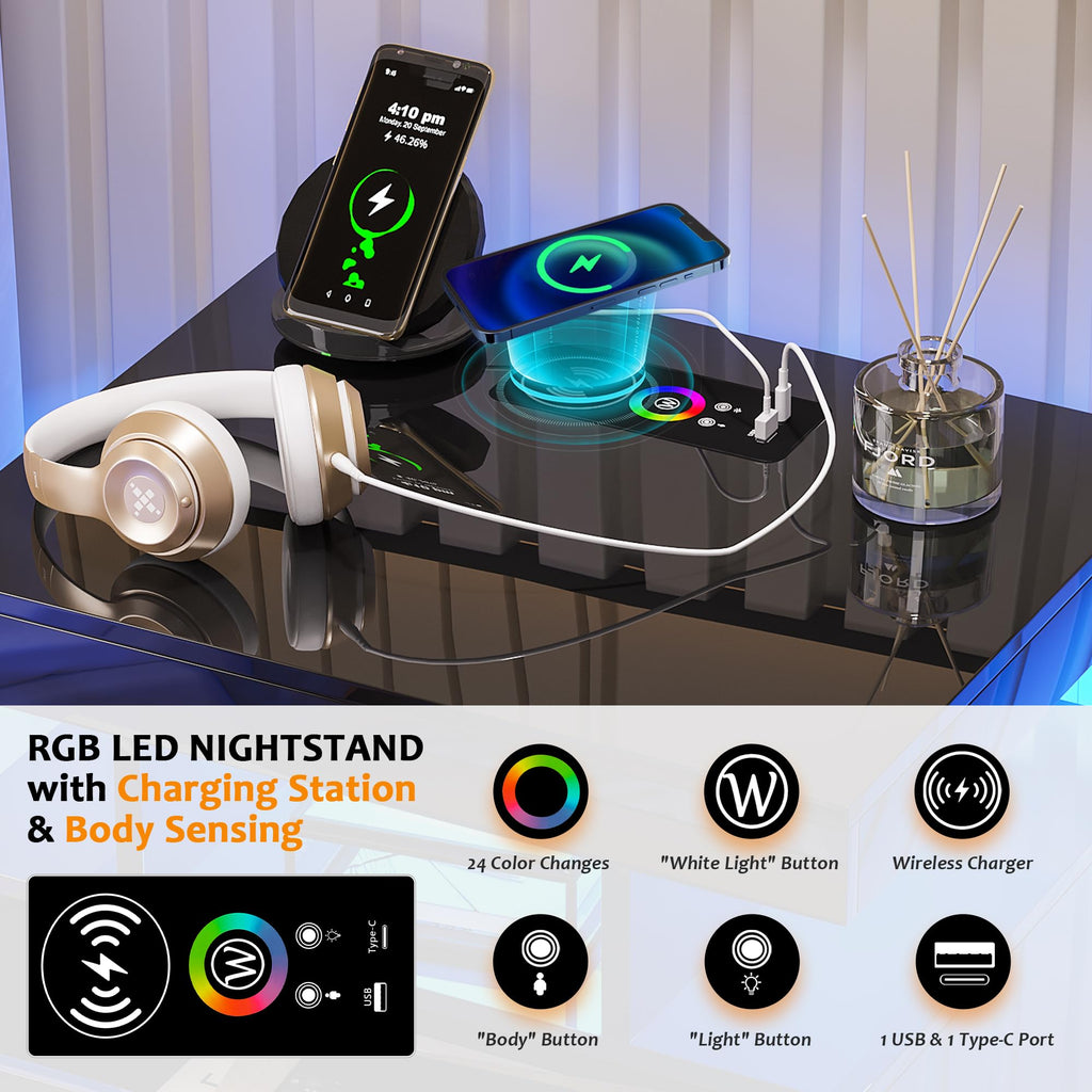 Black LED Nightstand with USB Type-C Charging F734