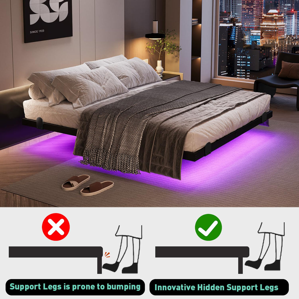 Queen Floating Bed Frame with LED Lights and Charging Station I283995