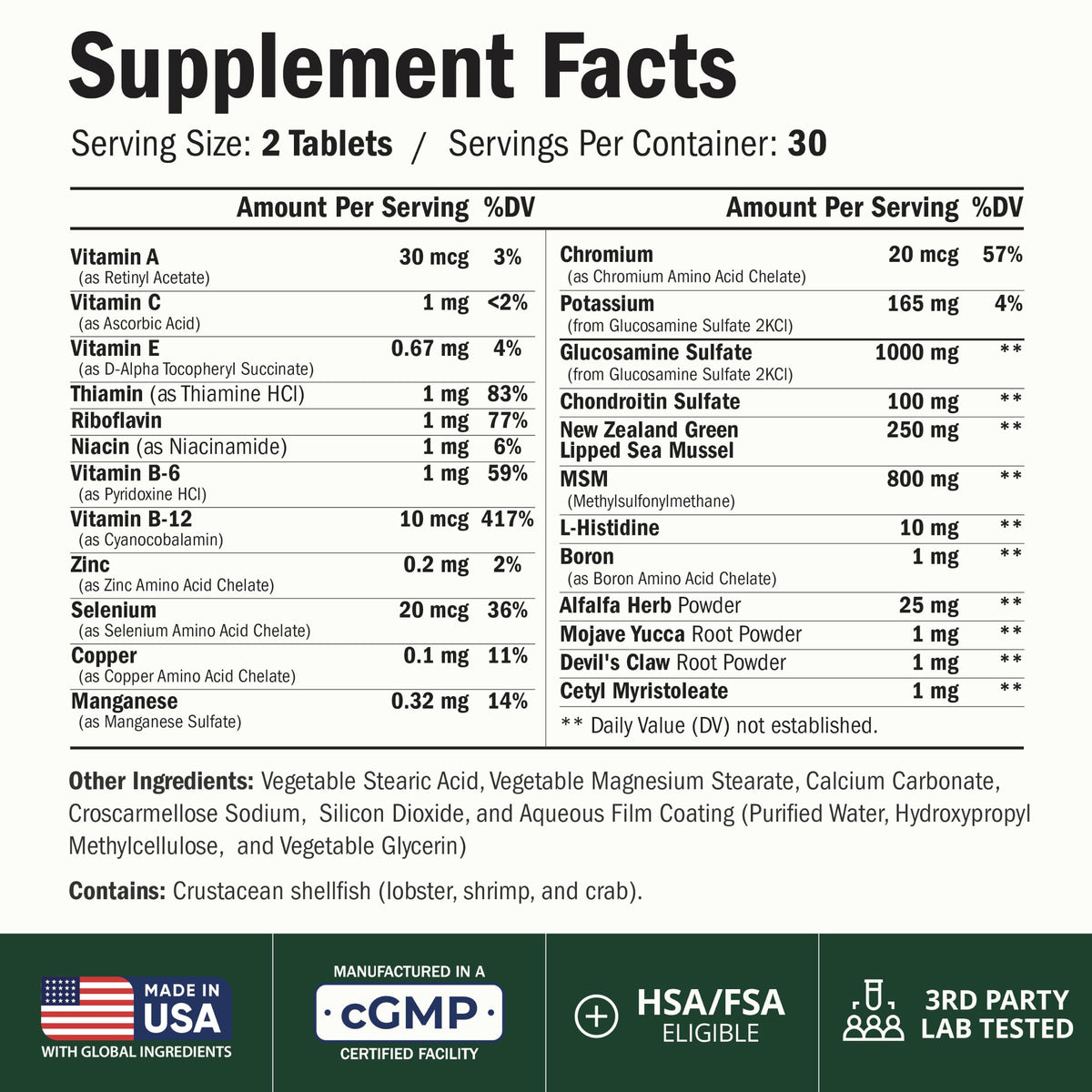 Glucosamine Chondroitin MSM Joint Supplements 60 Tabs V909