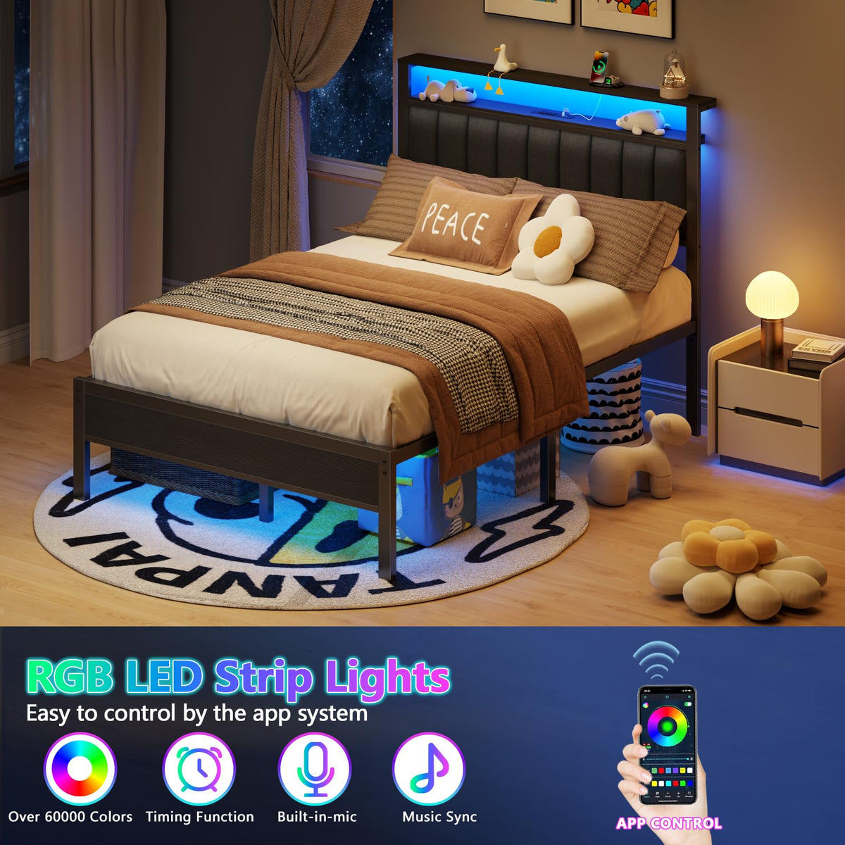 Full Size Bed Frame with Charging Station and LED Lights C40233