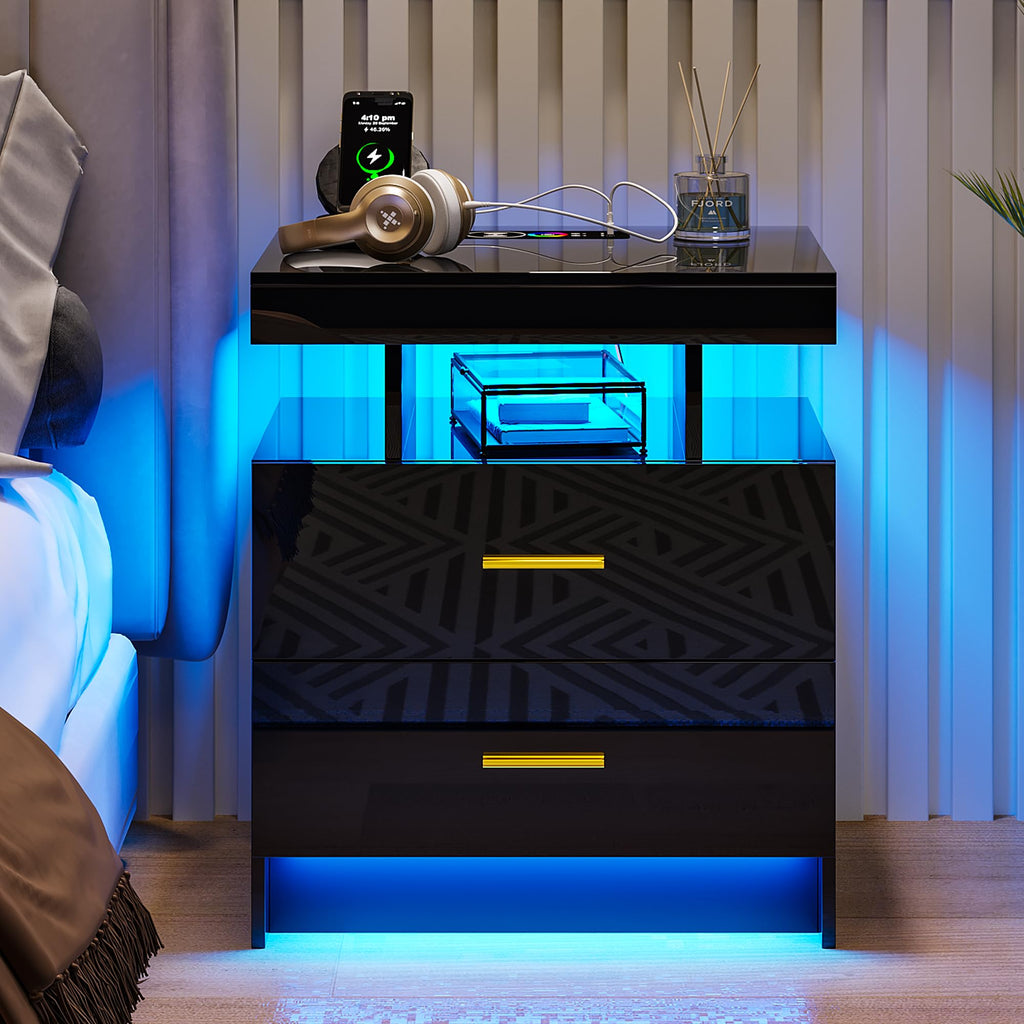 Black LED Nightstand with USB Type-C Charging F734
