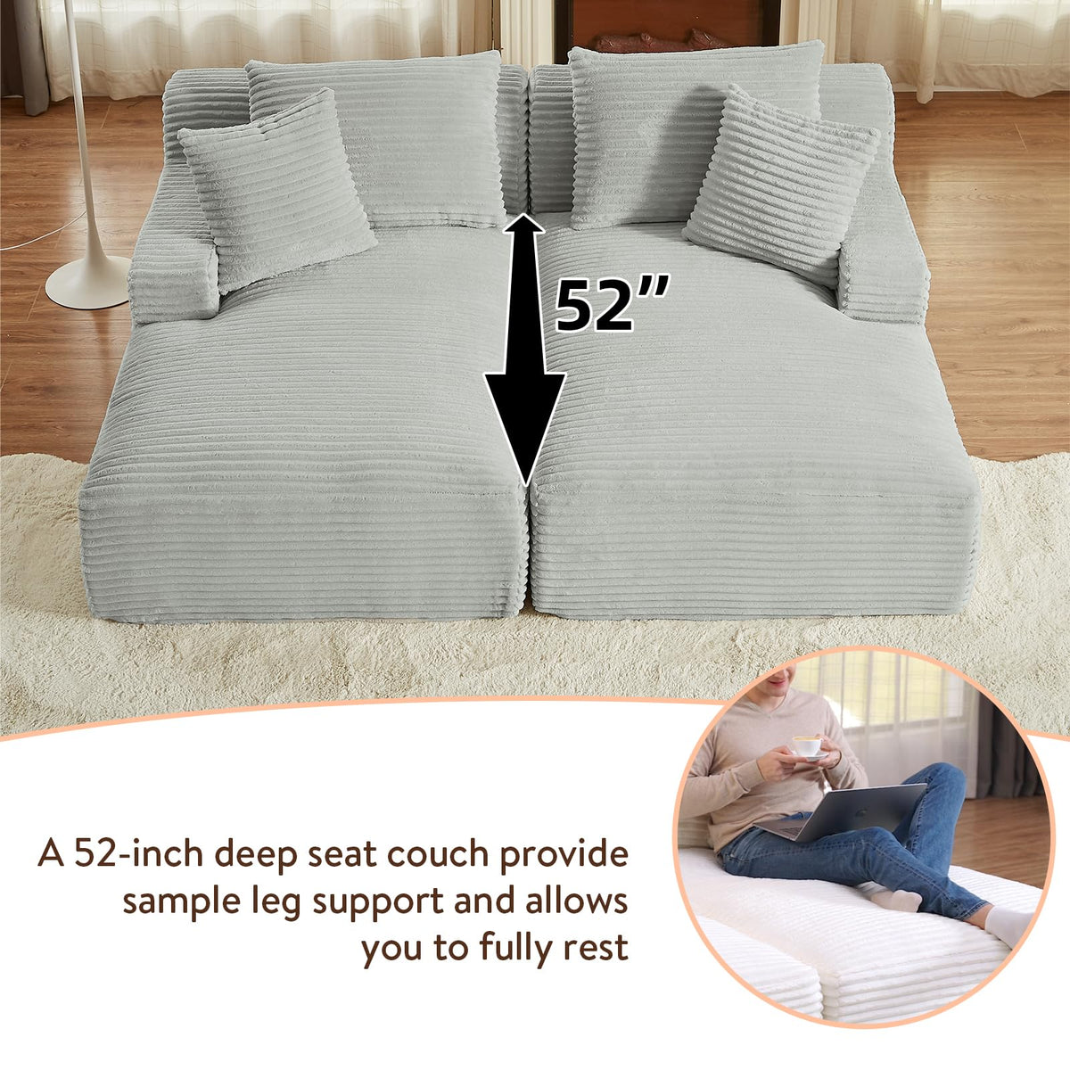Oversized Corduroy Chaise Lounge Sofa Bed with Throw Pillows N376